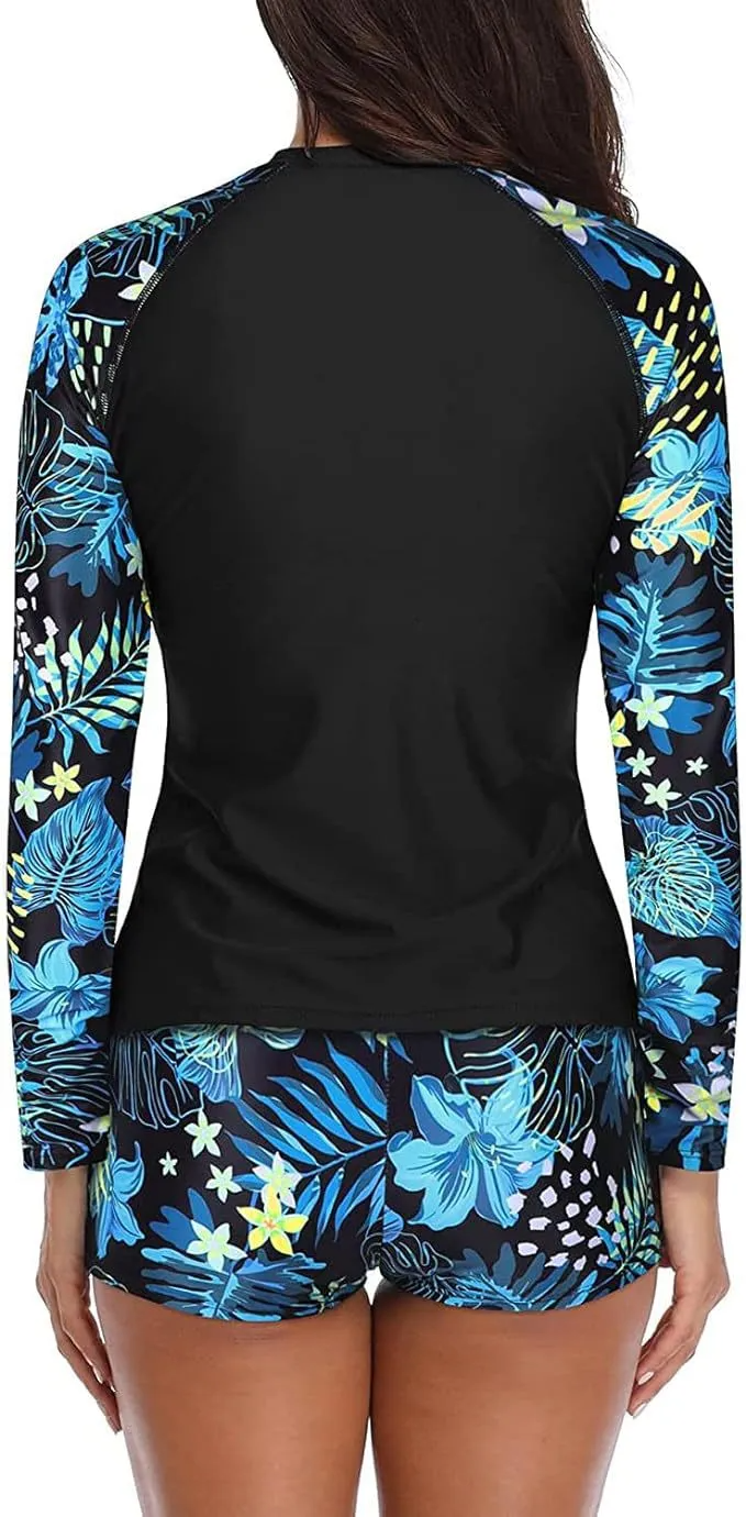 Multypros casual long sleeve swimwear for women with black body and blue floral sleeves and shorts