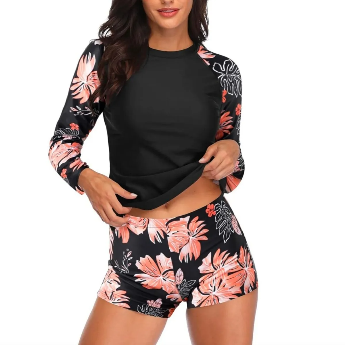 Multypros casual long sleeve swimwear for women with black and floral pink tropical design