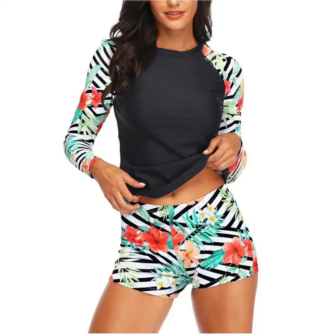 Multypros casual long sleeve swimwear for women with floral and striped design and matching shorts