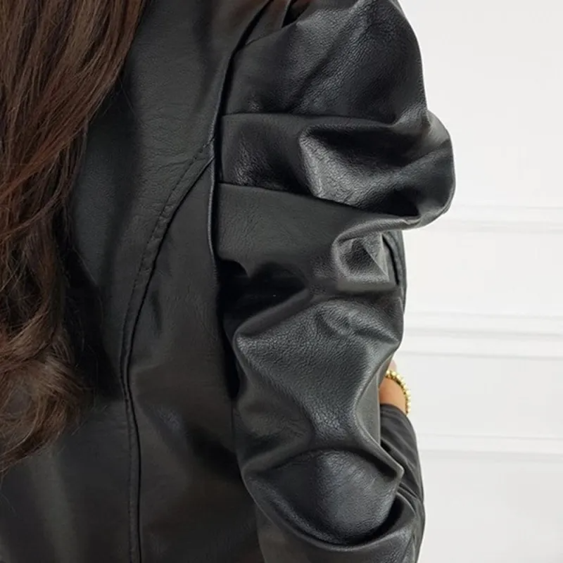 Close-up of black leather long sleeve zipper jacket women by Multypros showing detailed sleeve texture