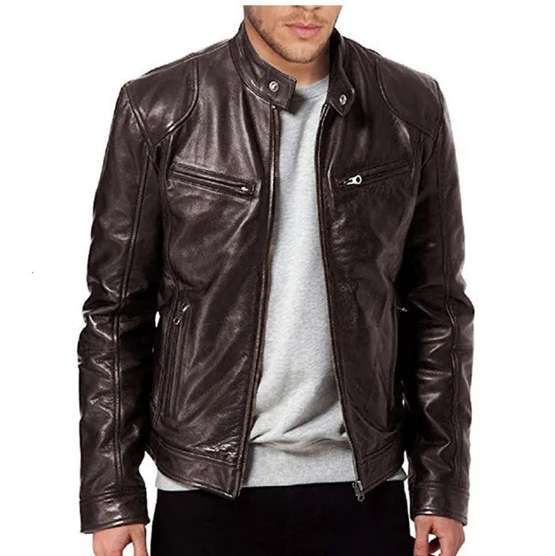 Wholesale Men PU Leather Biker Jacket Slim Fit Zipper Cardigan