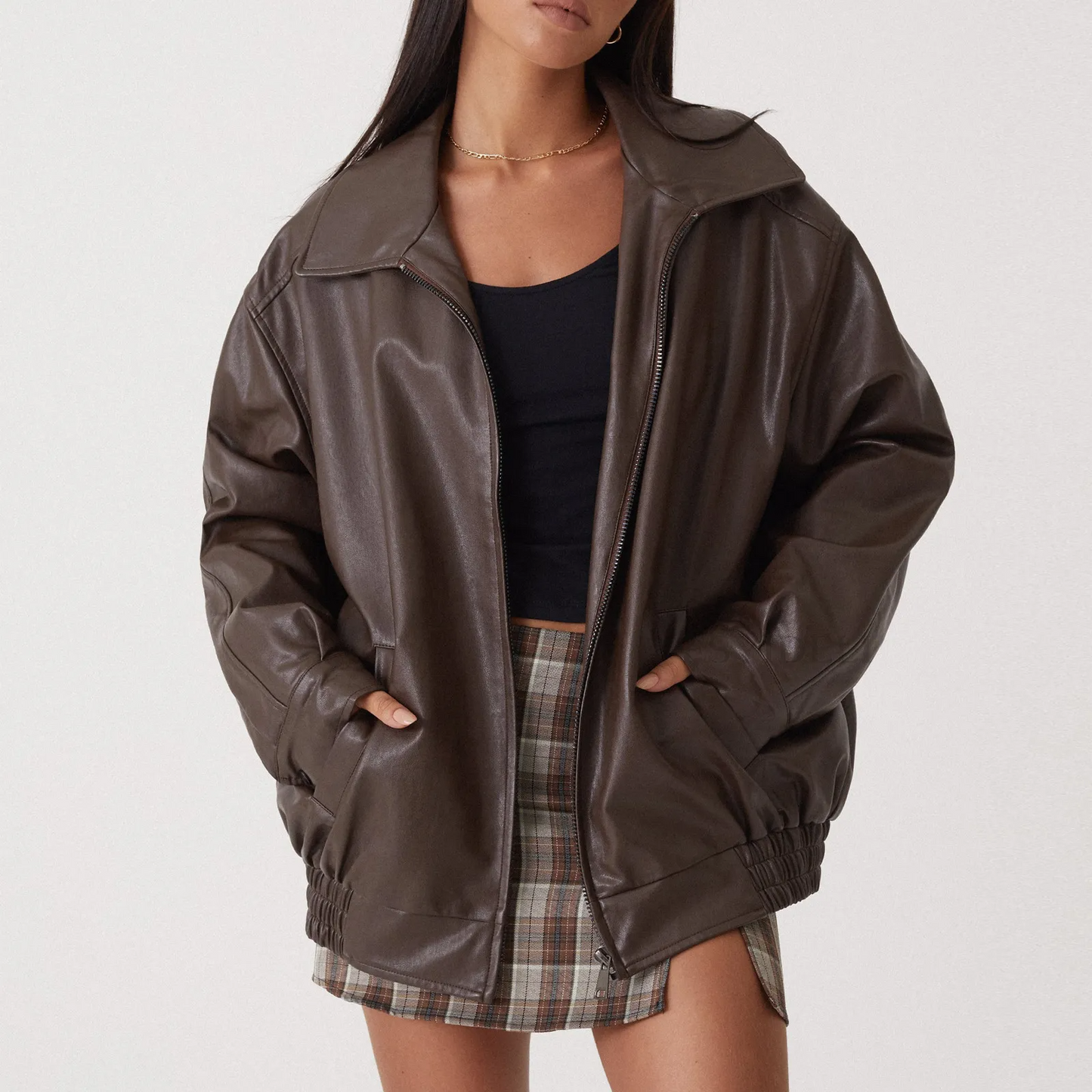 Wholesale Punk Jacket for Women - Fashionable Solid Color Long Sleeve Zipper PU Jacket