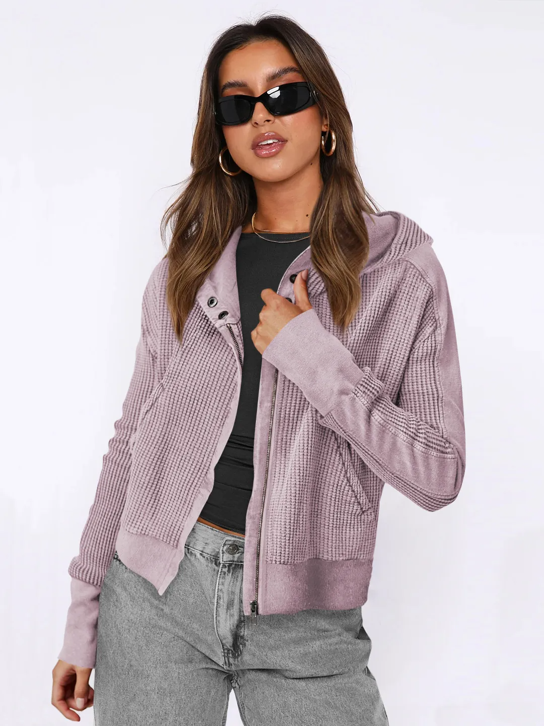 Wholesale Women's Zipper Hooded Jacket - Casual Solid Color Long Sleeve Design