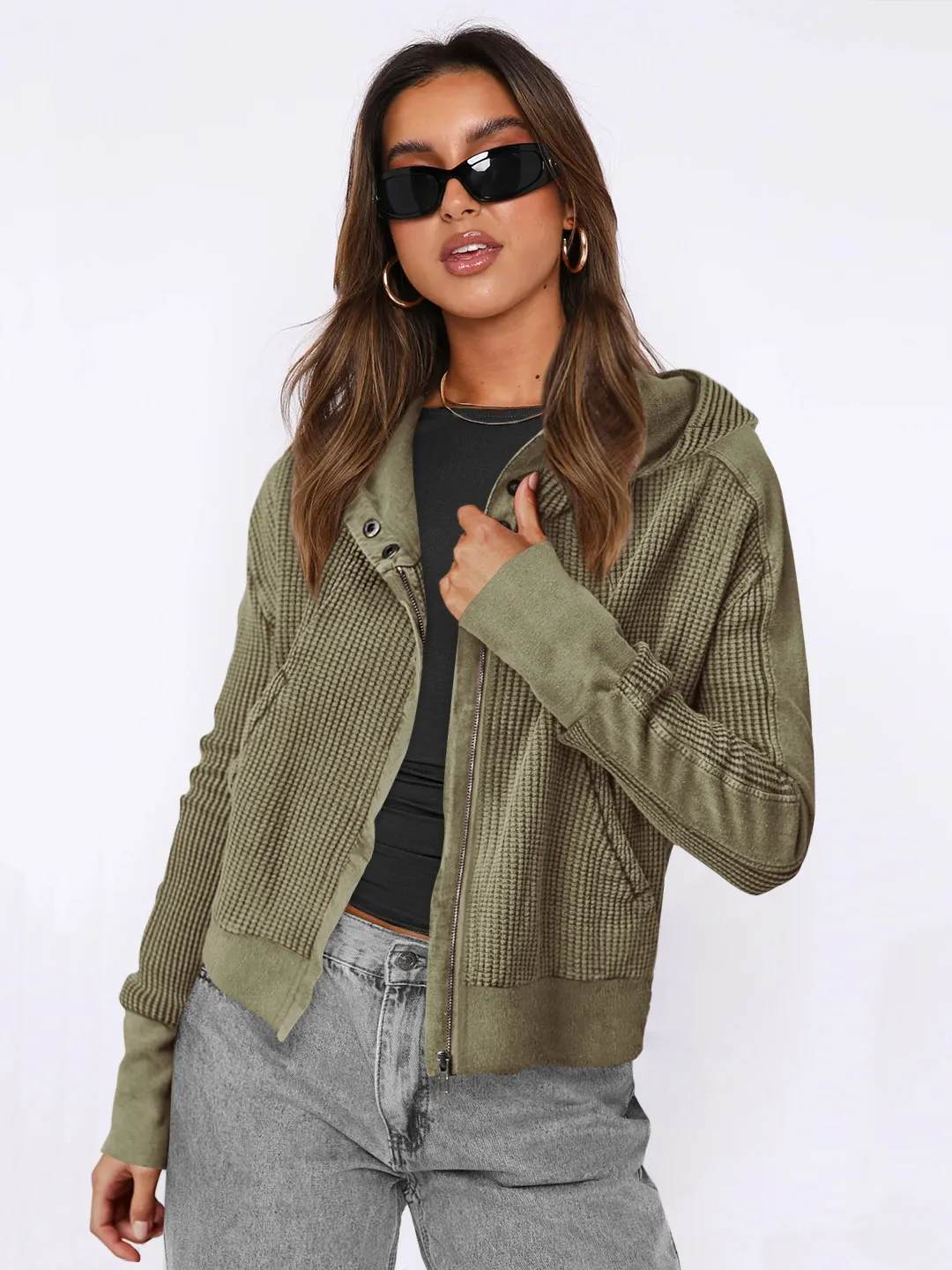 Wholesale Women's Zipper Hooded Jacket - Casual Solid Color Long Sleeve Design