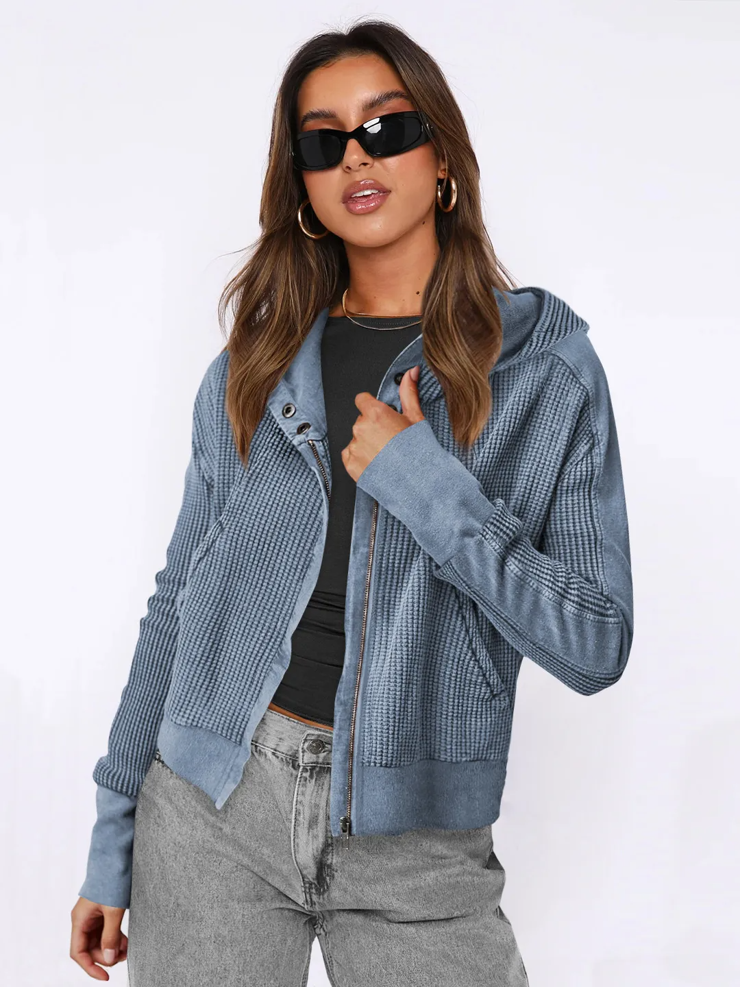 Wholesale Women's Zipper Hooded Jacket - Casual Solid Color Long Sleeve Design