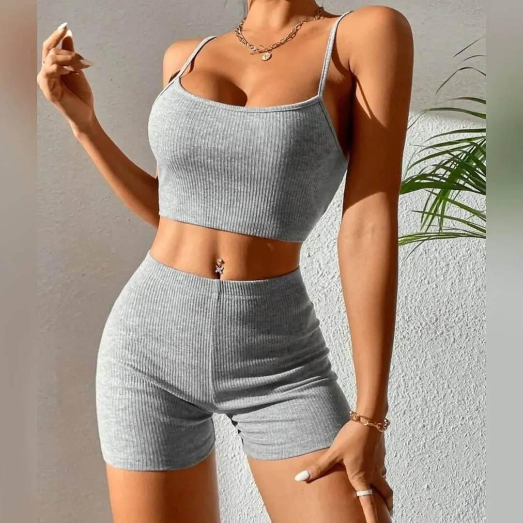 Sexy Solid Color Camisole and High Waist Shorts Two-Piece Set