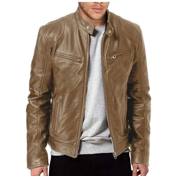 Wholesale Men PU Leather Biker Jacket Slim Fit Zipper Cardigan
