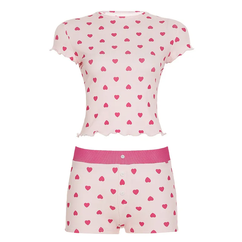 Casual Pajamas Set Love Print Short-Sleeve T-Shirt Two-Piece Set