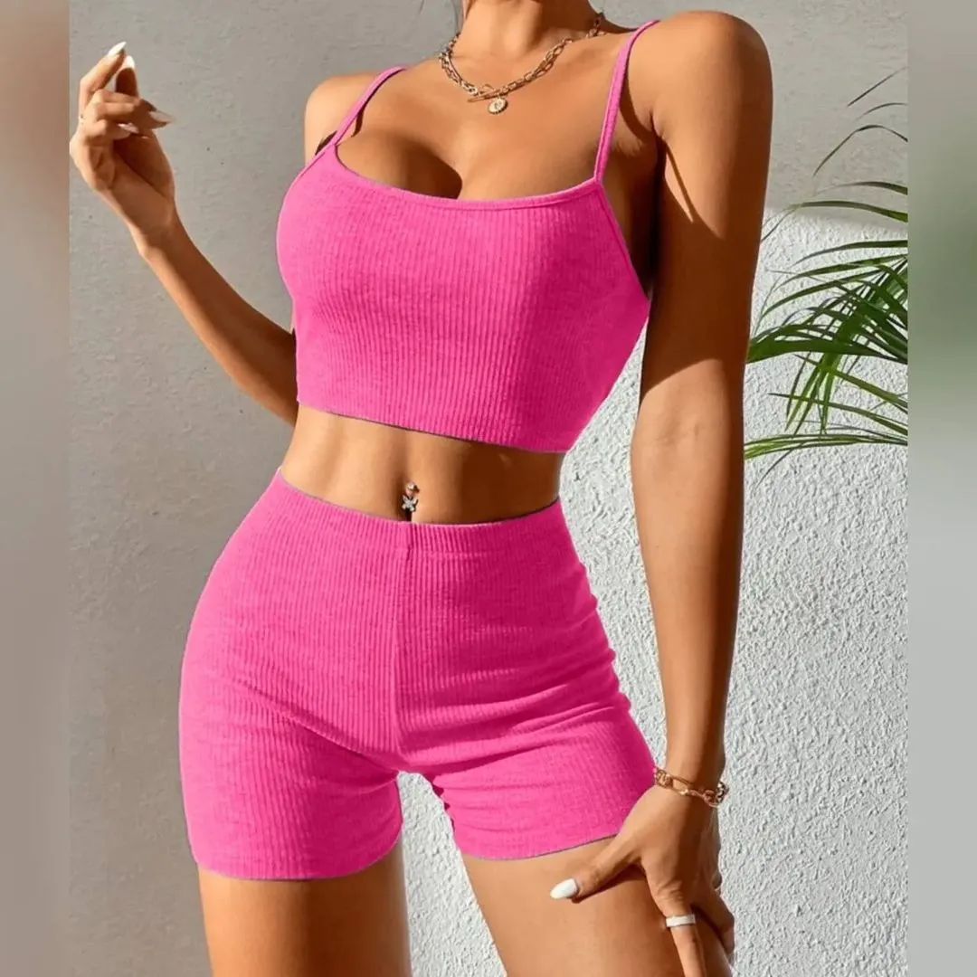 Sexy Solid Color Camisole and High Waist Shorts Two-Piece Set