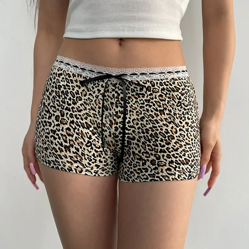 Wholesale Women Fashion Sexy Leopard Lace Stitching High Waist Stretch Shorts