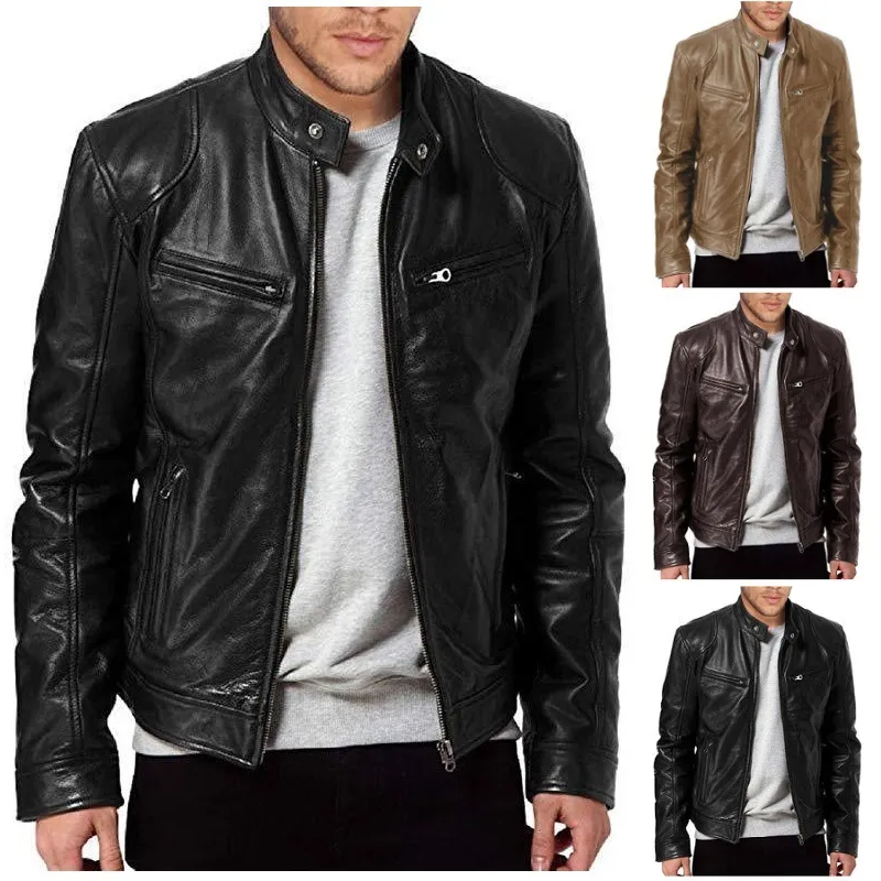 Wholesale Men PU Leather Biker Jacket Slim Fit Zipper Cardigan