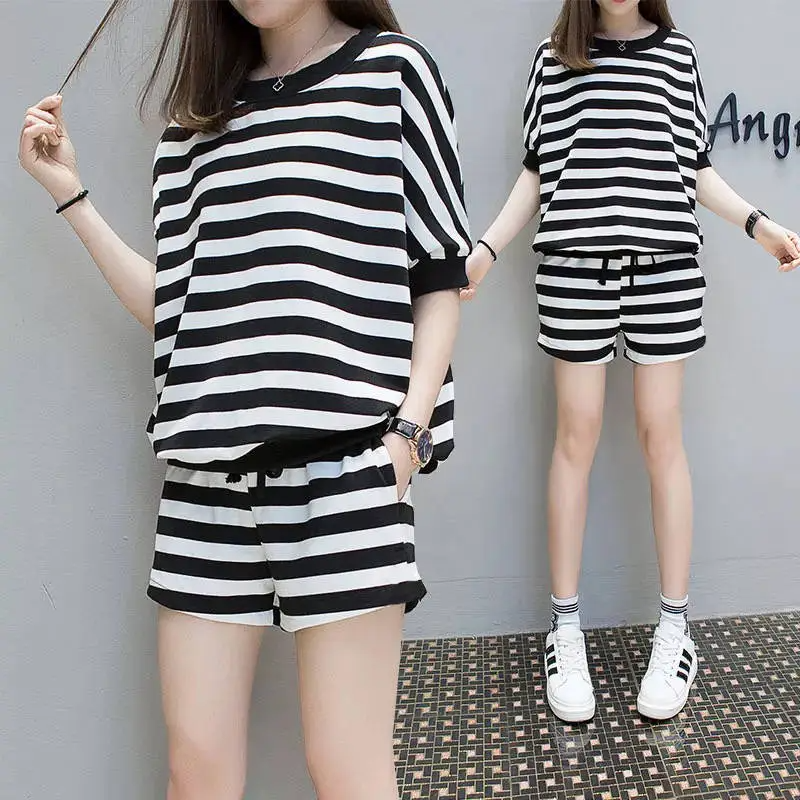 Wholesale Women’s Stripe T-Shirt & Shorts Summer Set