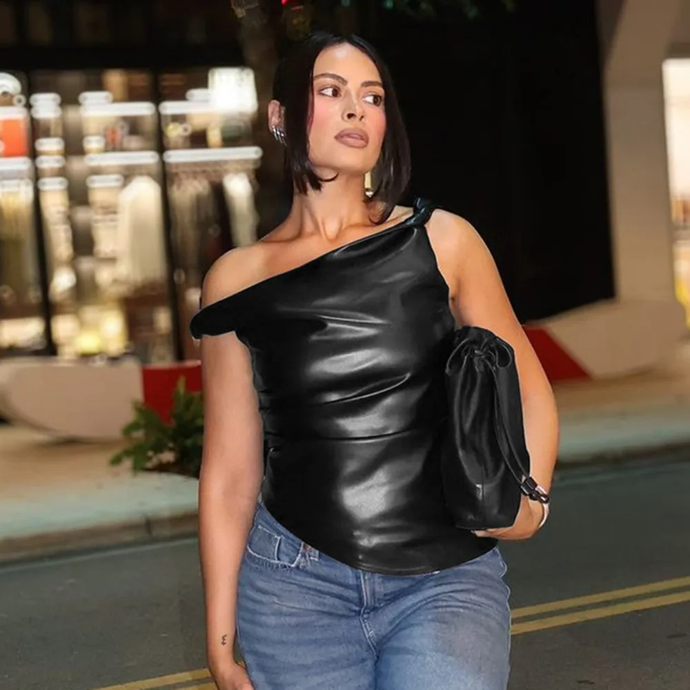 Sexy Irregular PU Crop Top Women