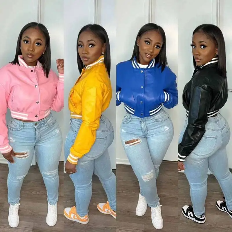 Custom Women’s Striped PU Leather Jacket