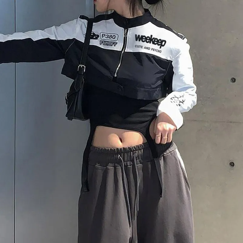 Women Biker Letter Print Baseball Jacket