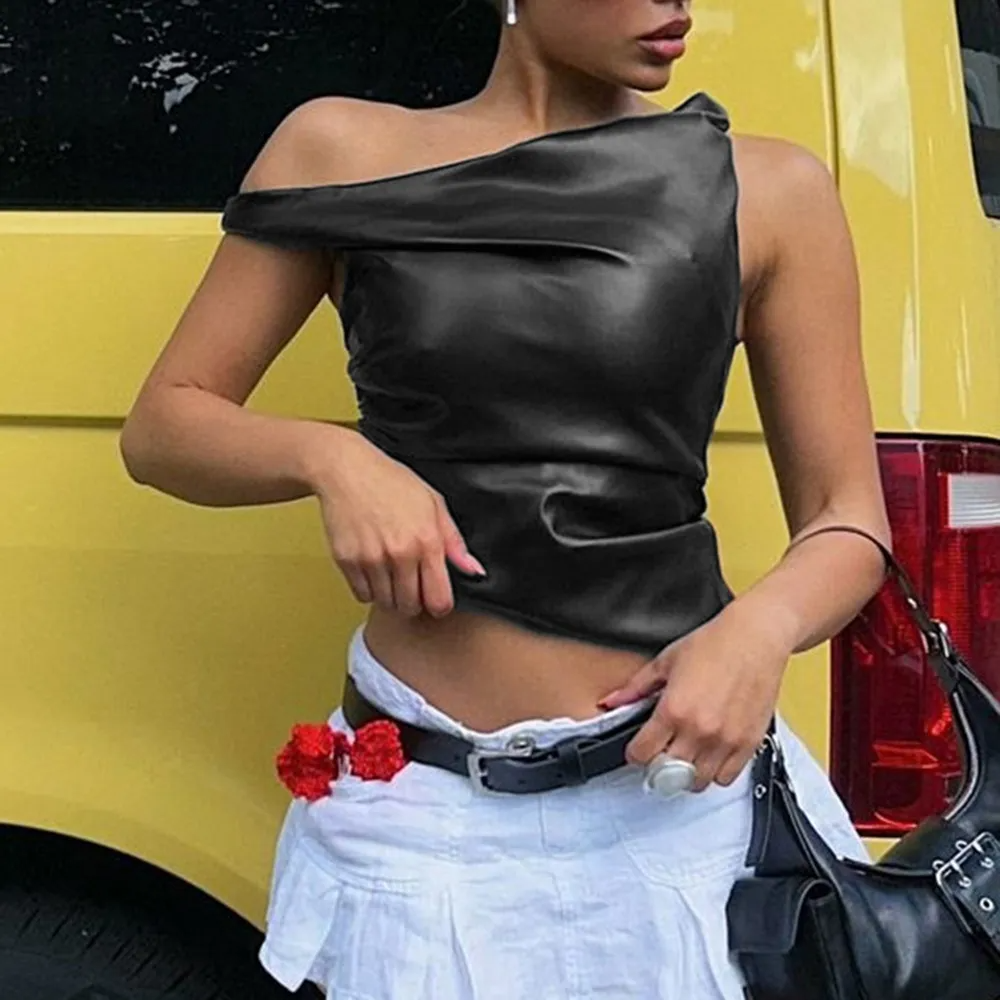 Sexy Irregular PU Crop Top Women