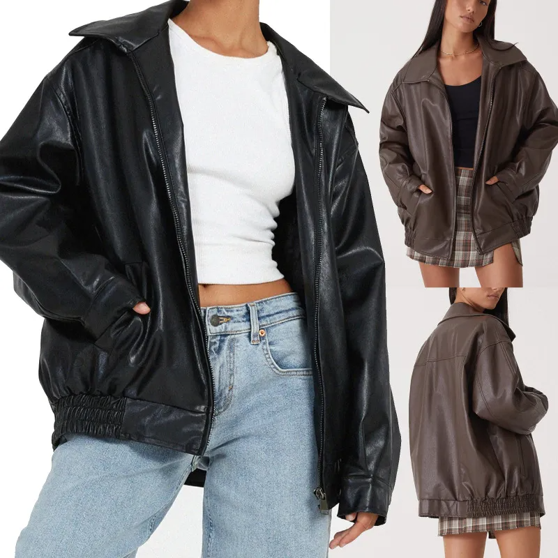 Wholesale Punk Jacket for Women - Fashionable Solid Color Long Sleeve Zipper PU Jacket