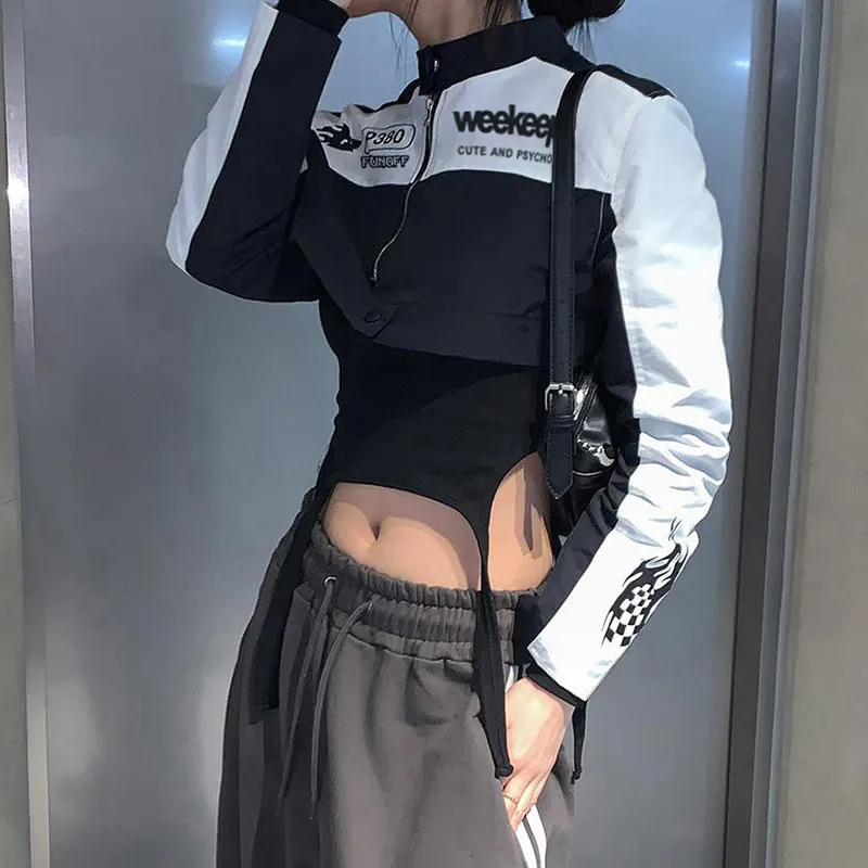 Women Biker Letter Print Baseball Jacket