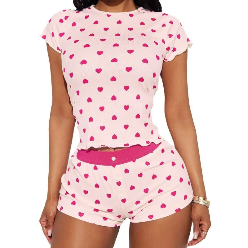 Casual Pajamas Set Love Print Short-Sleeve T-Shirt Two-Piece Set