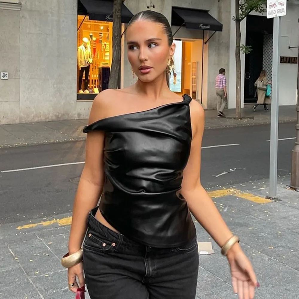 Sexy Irregular PU Crop Top Women