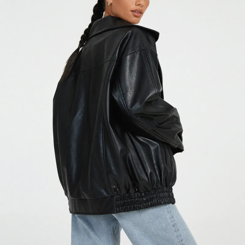 Wholesale Punk Jacket for Women - Fashionable Solid Color Long Sleeve Zipper PU Jacket