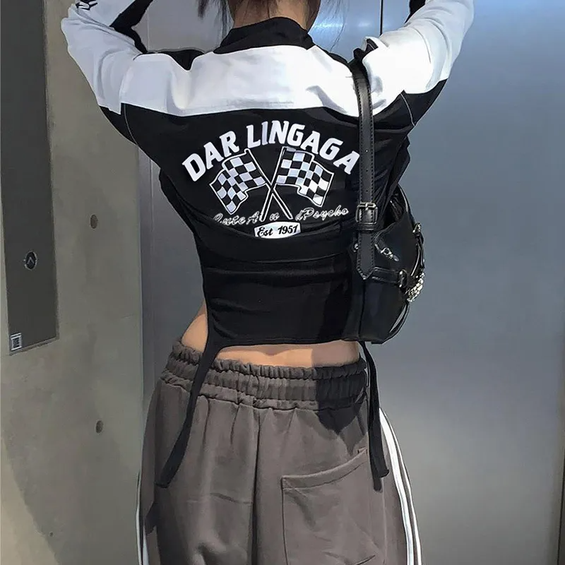 Women Biker Letter Print Baseball Jacket