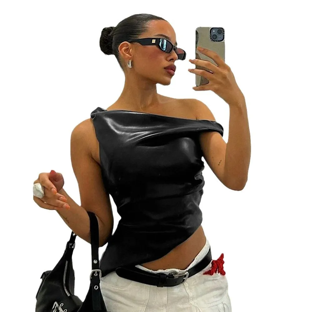 Sexy Irregular PU Crop Top Women