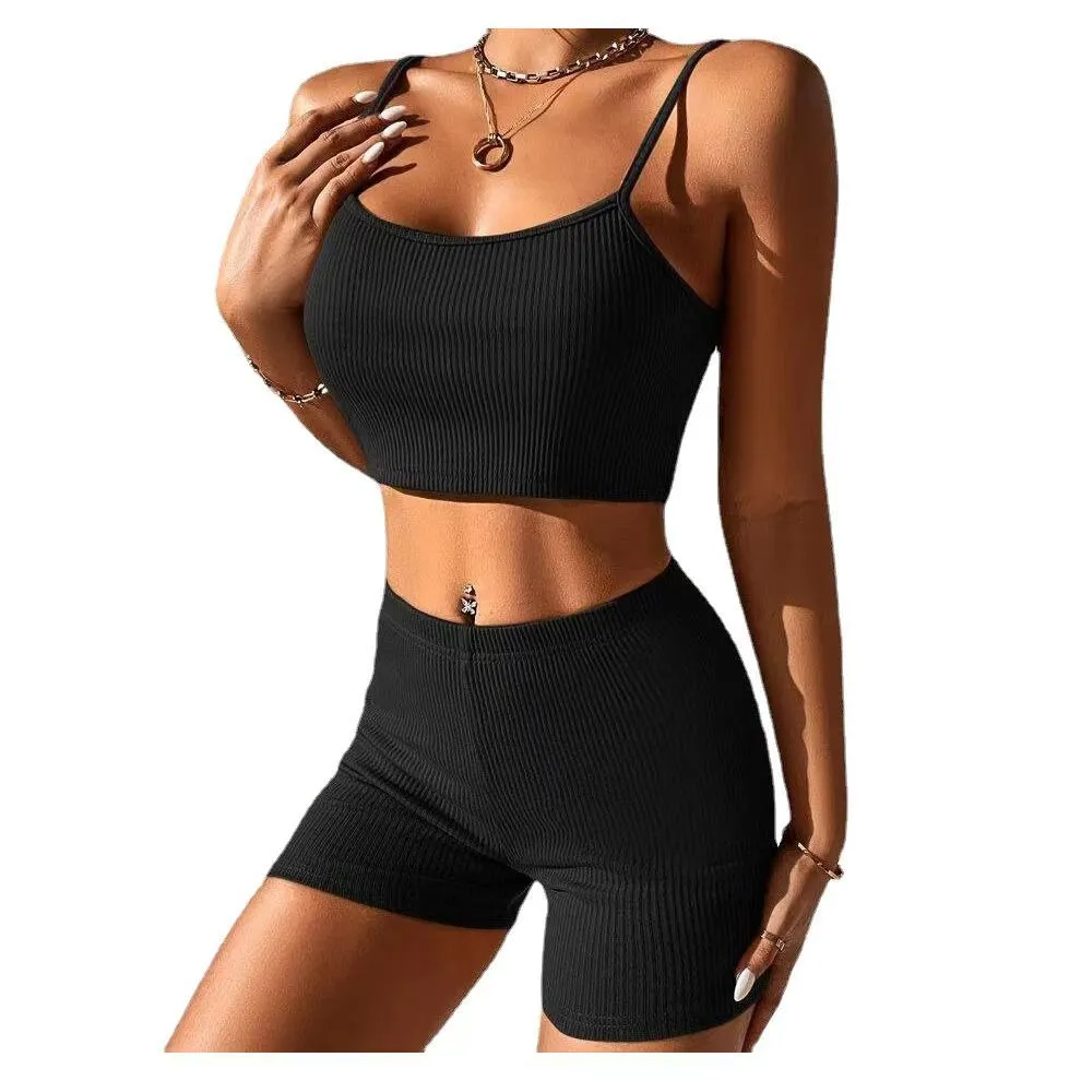 Sexy Solid Color Camisole and High Waist Shorts Two-Piece Set