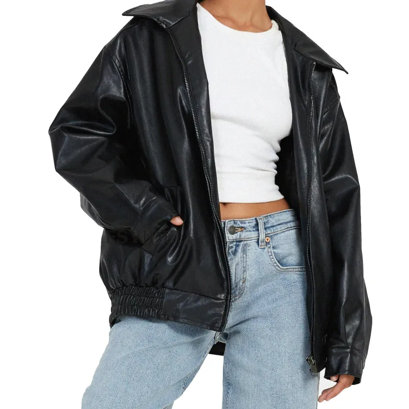 Wholesale Punk Jacket for Women - Fashionable Solid Color Long Sleeve Zipper PU Jacket