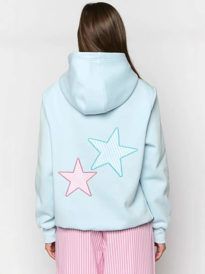 Multypros fashion hoodies with pocket for women in light blue with star patches on back