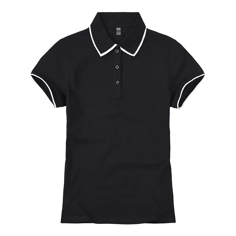 Black polo shirt with white trim on a white background