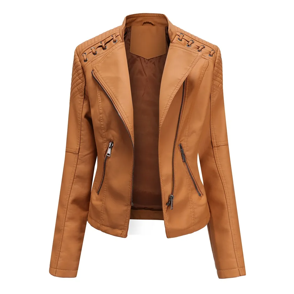 Solid color PU leather jacket for women in brown with zipper pockets and quilted shoulder details by Multypros