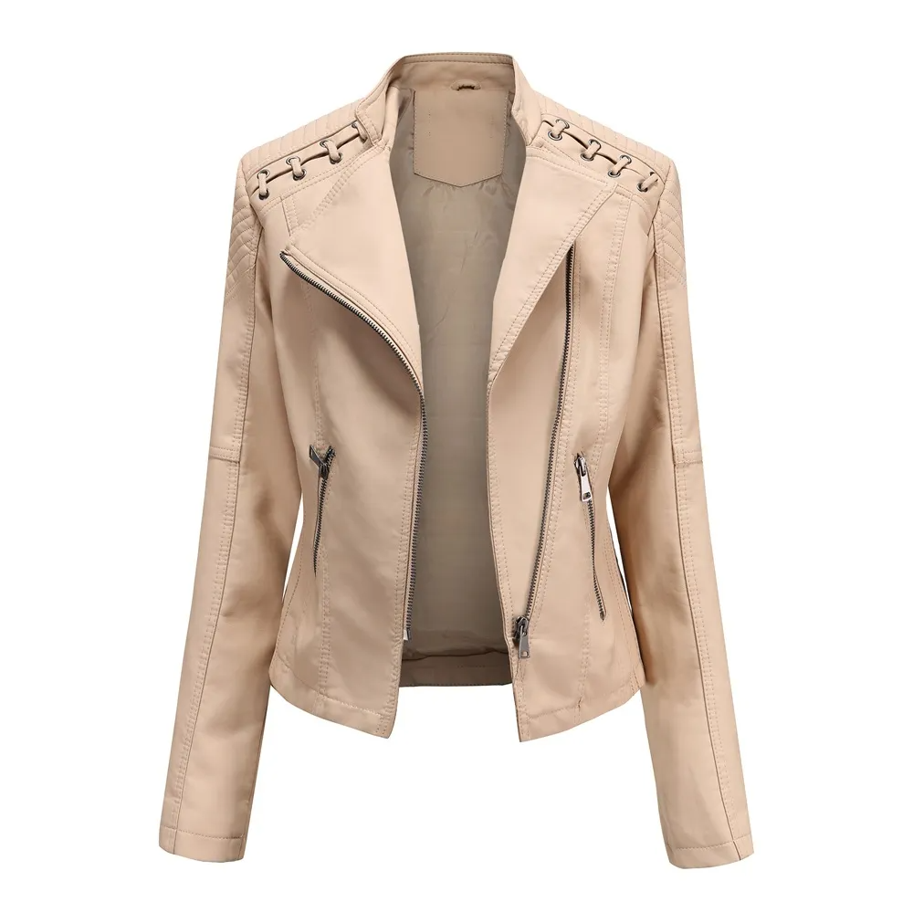 Beige solid color PU leather jacket for women with zipper pockets and stitched detailing