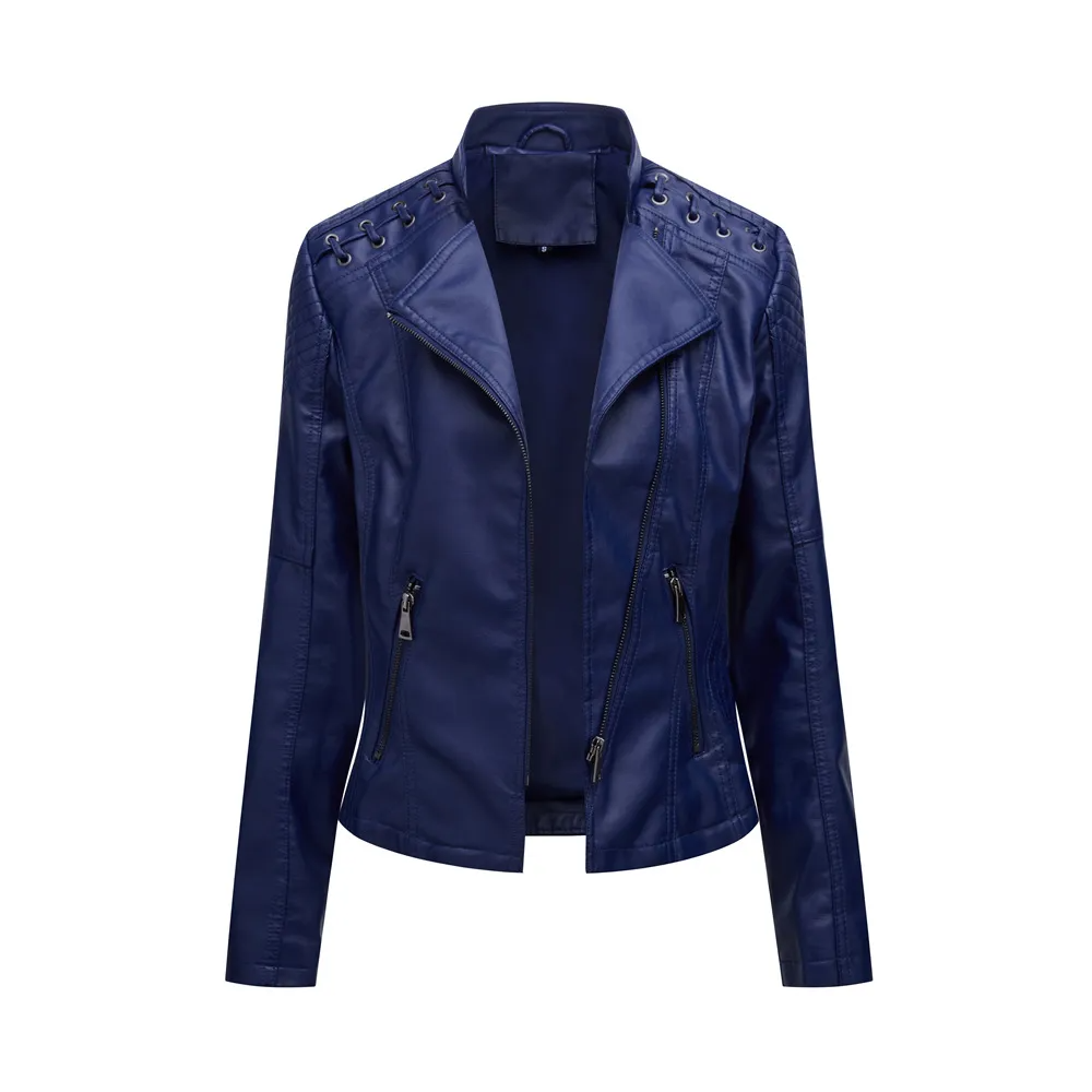 Multypros solid color PU leather jacket for women in navy blue with zippered pockets and lace-up shoulder details