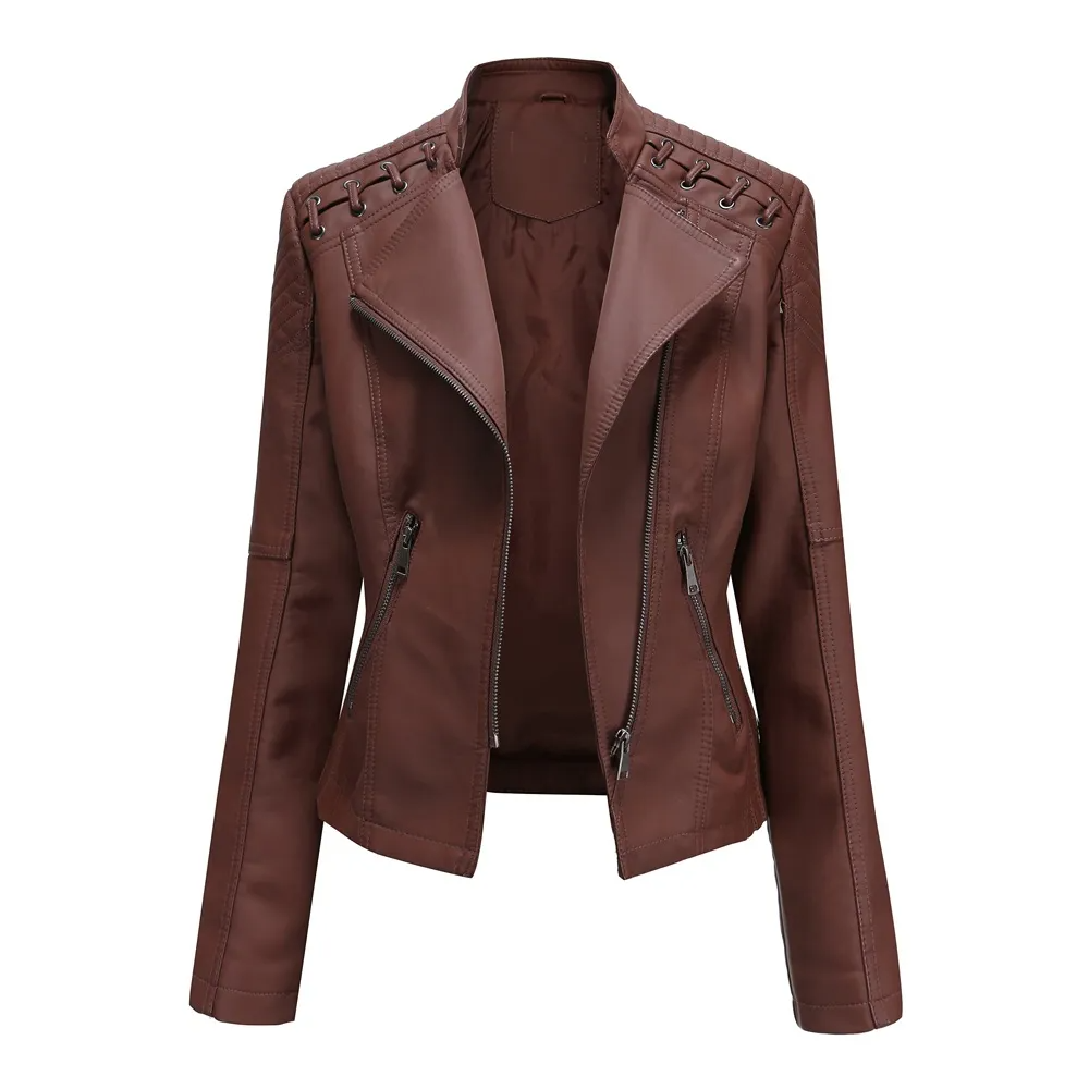 Multypros solid color PU leather jacket for women in dark brown with zipper and lace-up shoulder details