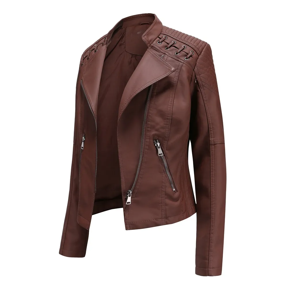 Brown solid color PU leather jacket for women with zipper pockets and decorative shoulder details