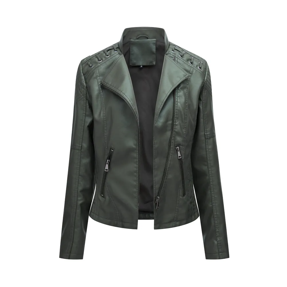 Multypros solid color PU leather jacket for women in dark green with zipper details