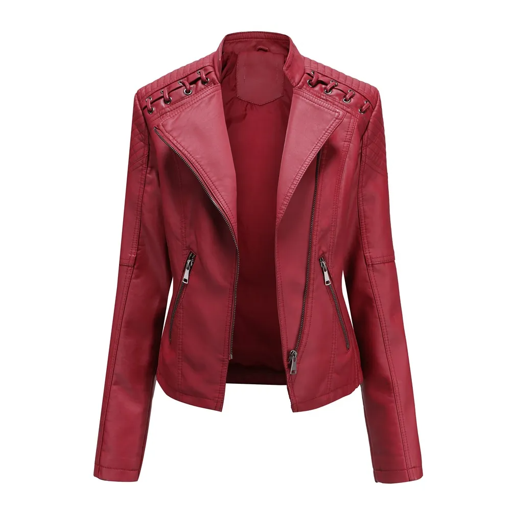 Red solid color PU leather jacket for women with zipper pockets and decorative shoulder detailing