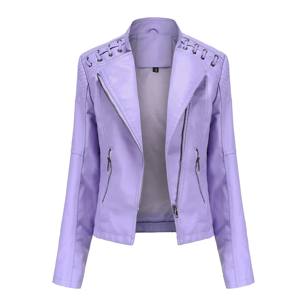 Multypros solid color PU leather jacket for women in light purple with zipper and lace-up details