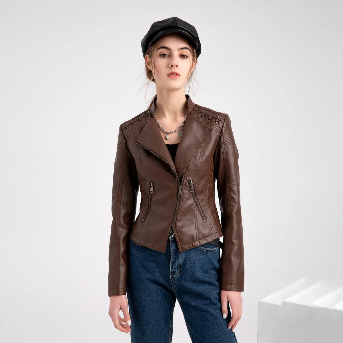 Solid color PU leather jacket for women by Multypros in brown with zipper details