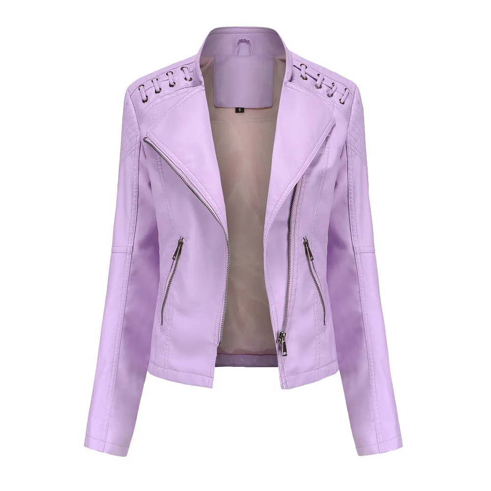 Multypros solid color PU leather jacket for women in lavender with zipper pockets and decorative shoulder details