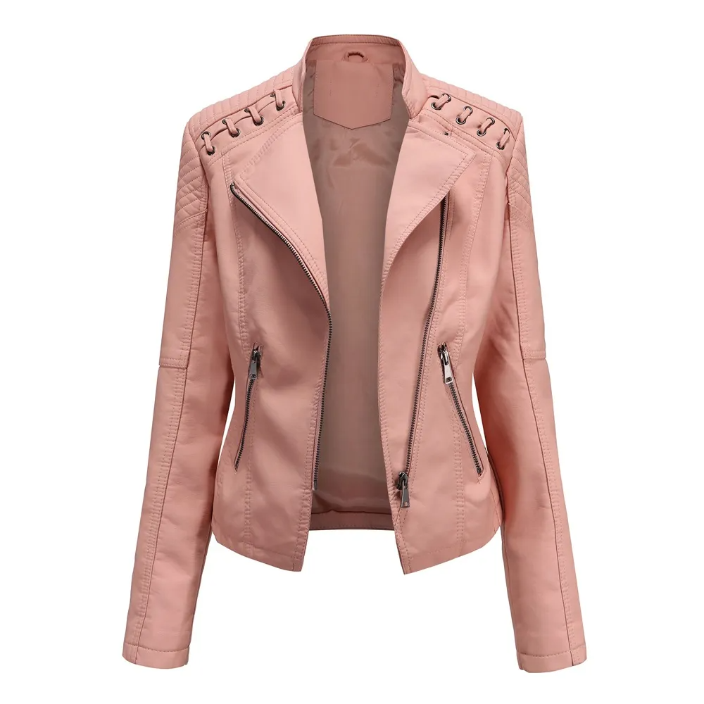Multypros solid color PU leather jacket for women in soft pink with zipper and lace details