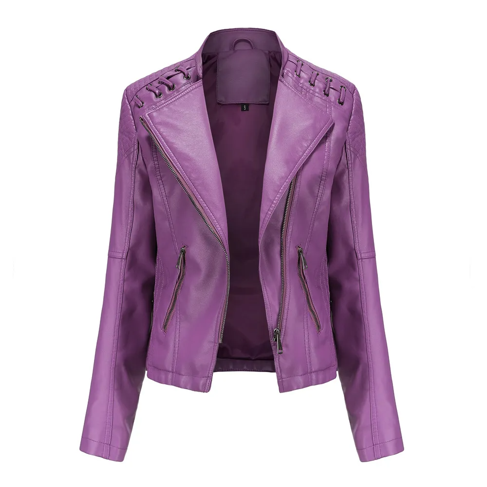 Multypros solid color PU leather jacket for women in purple with zipper pockets and decorative stitching