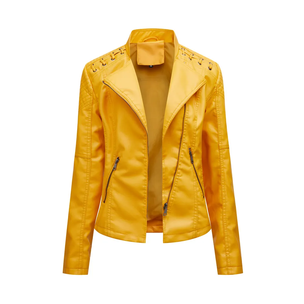 Yellow solid color PU leather jacket for women by Multypros with zippered pockets and shoulder detailing