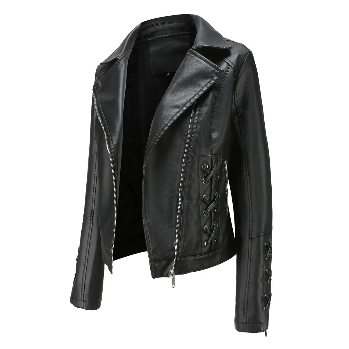 Multypros black leather stylish strap detail women's jacket with zippered front and lace accents