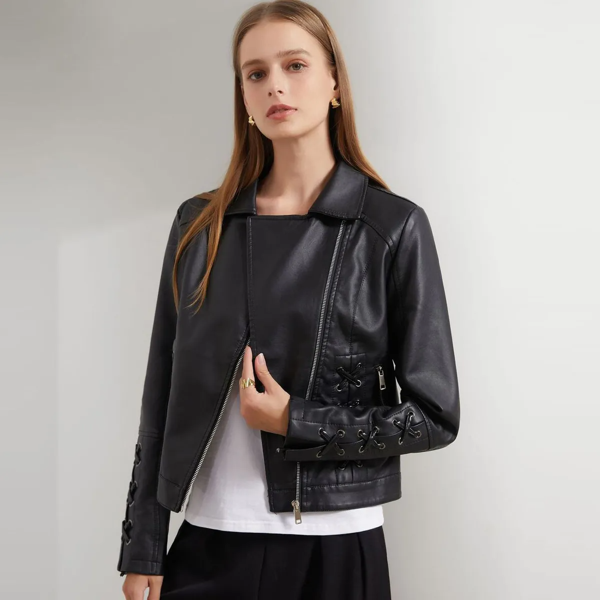 Multypros stylish strap detail women's jacket in black leather with lace-up sleeves and side straps