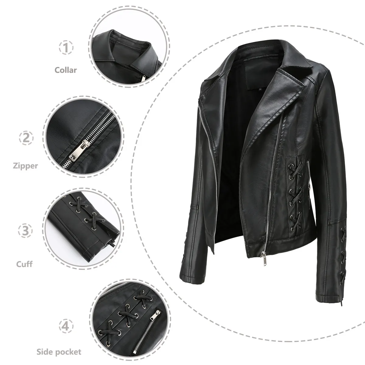 Multypros stylish strap detail women's jacket black leather with collar zipper cuffs and side pockets