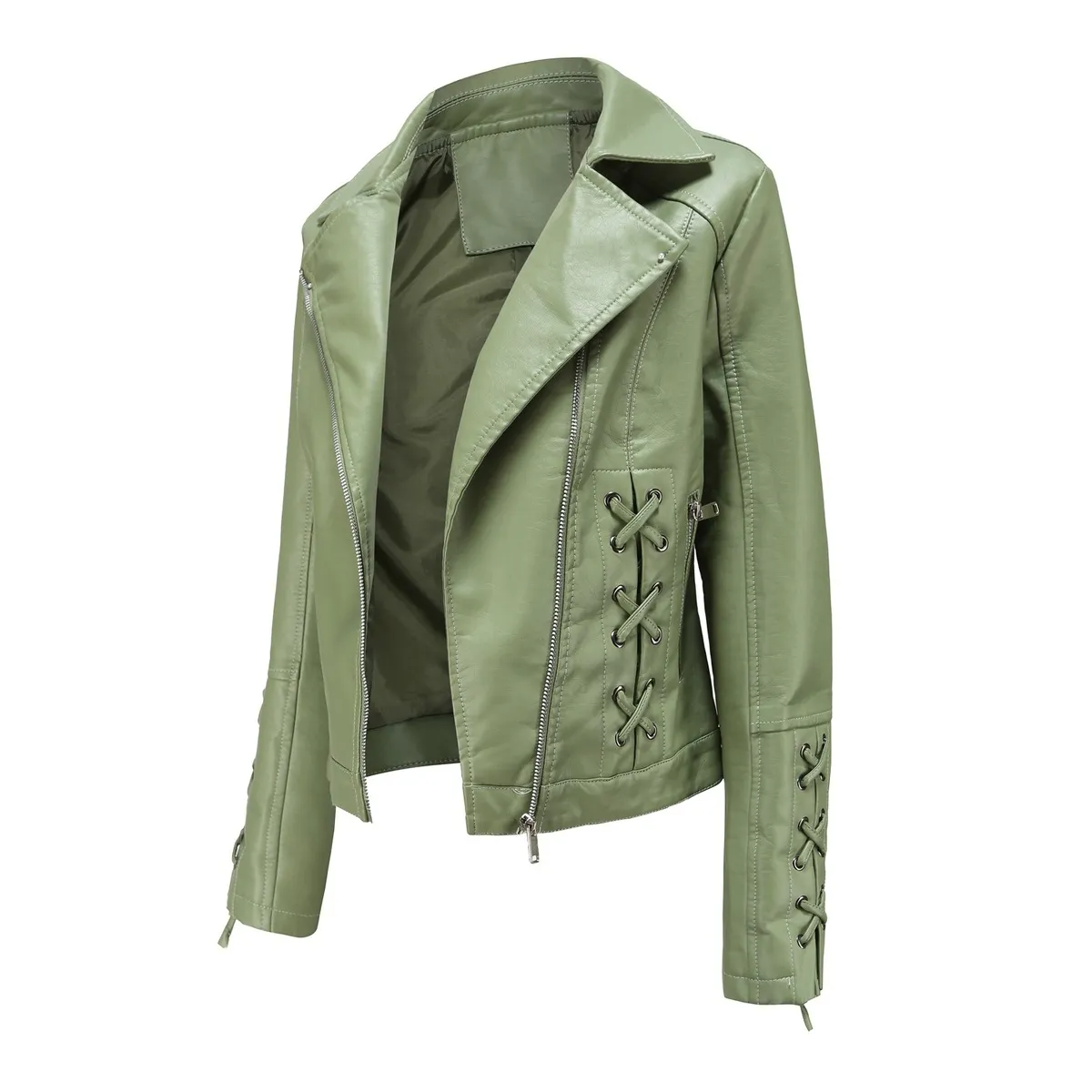 Multypros stylish strap detail women's jacket in green leather with zipper and lace-up accents