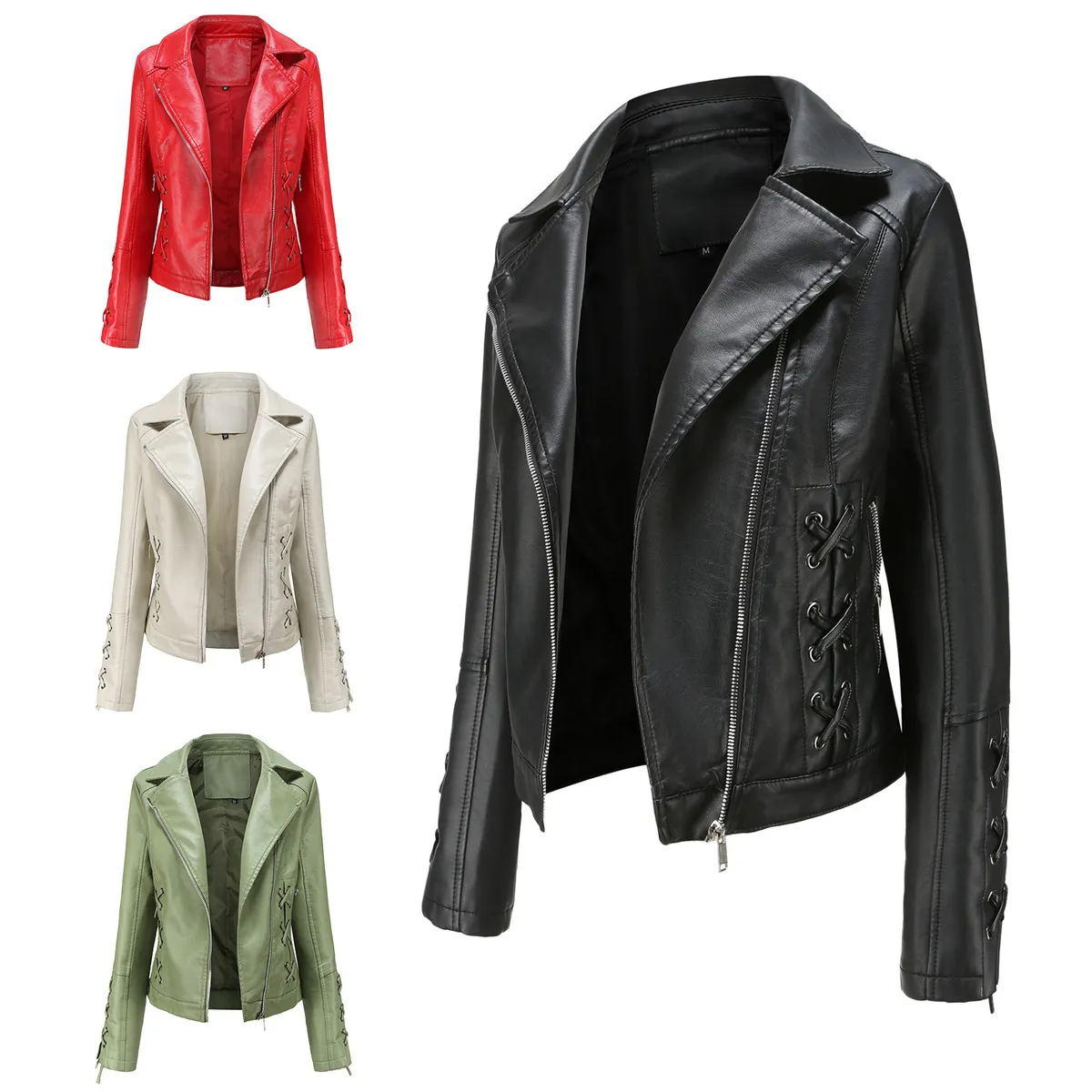 Multypros leather jacket collection featuring stylish strap detail women's jacket in black red green and beige colors