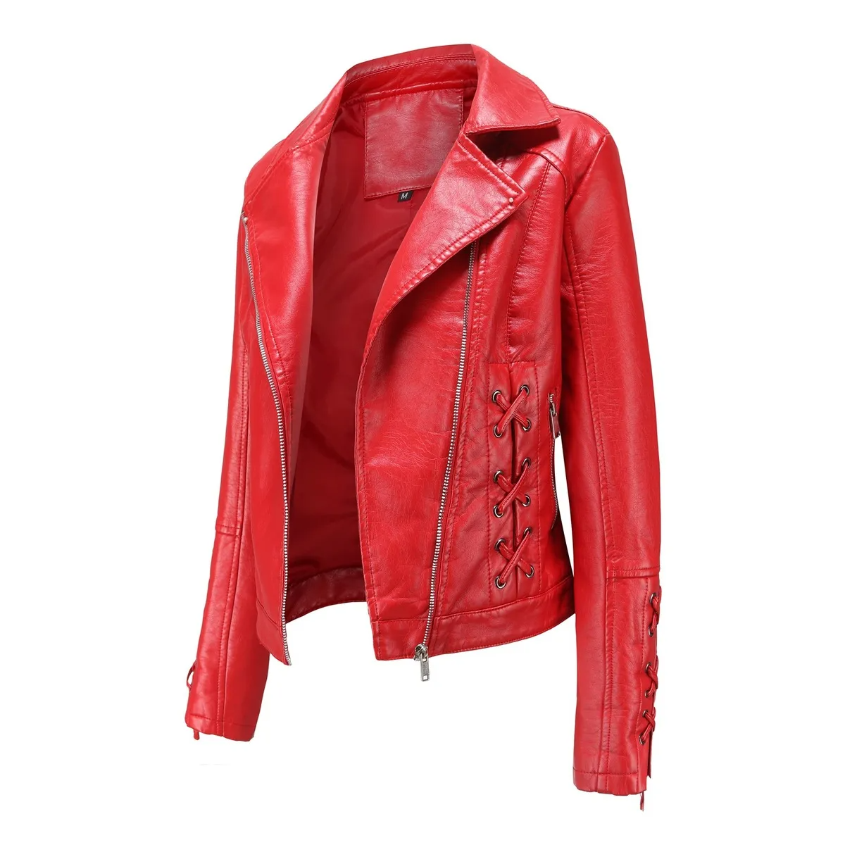 Stylish strap detail women's jacket in red leather by Multypros with side and sleeve lacing